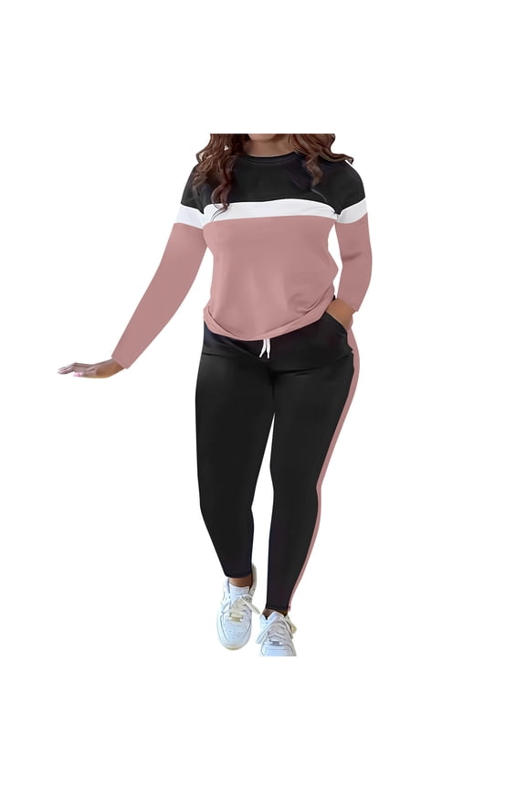 2 Piece Sets for Women Fall Fashion Patchwork Long Sleeve Pullover Tops Pants Travel Outfit Track Suits for Women Set