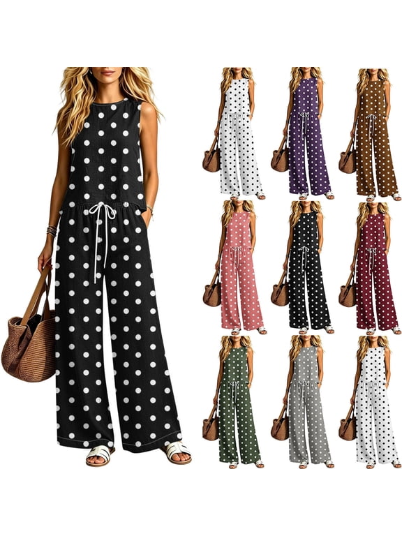 2 Piece Sets for Women Polka Dots Crew Neck Sleeveless Tops with Pants Matching Sets Women Clothing Summer Travel Outfits