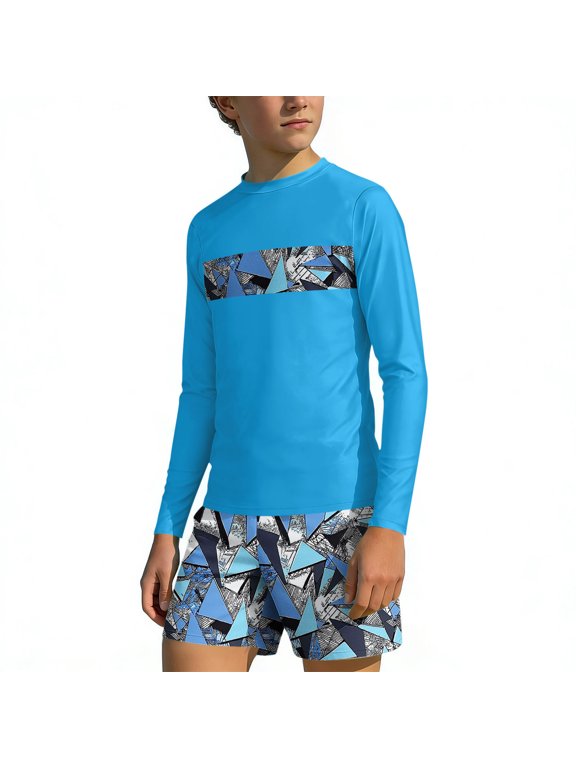 2 Piece Swimwear for Boys Vacation Beach Printed Long Sleeve Swim Shirt and Short Boys Bathing Suits Size 3-14