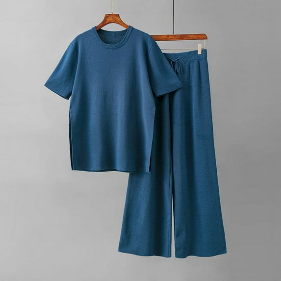 Edvintorg 2 Pieces Sets Womens Outfits Women Summer Pants Printing Short Sleeved Shirt Casual Two Piece Suit Blue Free Size