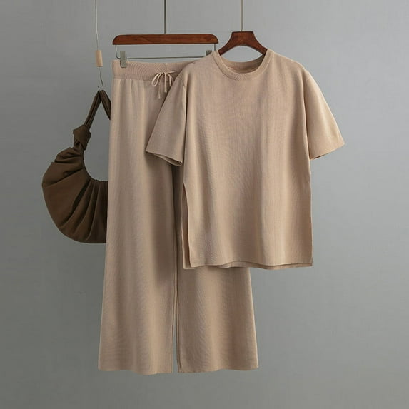 Edvintorg 2 Pieces Sets Womens Outfits Women Summer Pants Printing Short Sleeved Shirt Casual Two Piece Suit Khaki Free Size