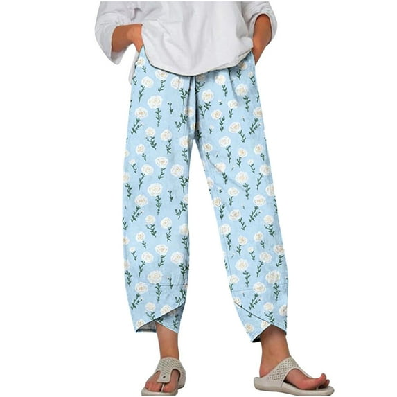 Edvintorg 2023 Women Cotton Linen Harem Pants Summer Flower Printed Casual Loose High Waist Pocket Trousers Female Vintage Ankle-Length Wide Leg Trousers