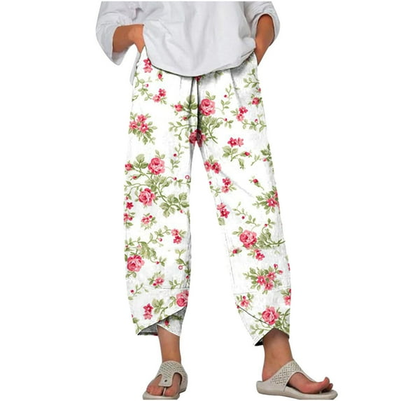 Edvintorg 2023 Women Cotton Linen Harem Pants Summer Flower Printed Casual Loose High Waist Pocket Trousers Female Vintage Ankle-Length Wide Leg Trousers