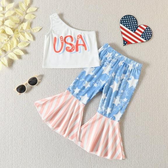 Edvintorg 2Pcs 4Th Of July Girls Summer Sets Clothing New Summer Sleeveless Letter Usa T-Shirt+ Striped Star Flare Pants Outfits 18M-5Years