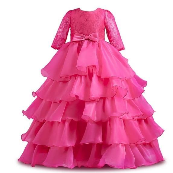 Edvintorg 3-10 Years Little Girls Dresses Kids Girls Solid Color Middle Sleeve Princess Dress Bow Tie Lace Mesh Cake Dress Party On Clearance