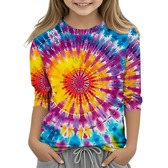 Edvintorg 3-12 Years Cute Tops for Kids Fashion Printed 3/4 Length Sleeves Round Neck Casual Shirts for Girls Summer Tees Loose Fit Pullover Tunic Blouse