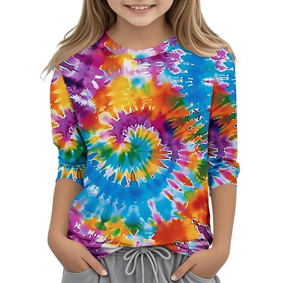 Edvintorg 3-12 Years Girls T Shirts Fashion Printed 3/4 Length Sleeves Round Neck Casual Shirts for Girls Summer Tees Loose Fit Pullover Tunic Blouse