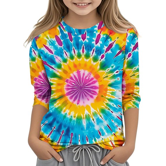 Edvintorg 3-12 Years Girls Tops Fashion Printed 3/4 Length Sleeves Round Neck Casual T Shirts Summer Tees Loose Fit Pullover Tunic Blouse