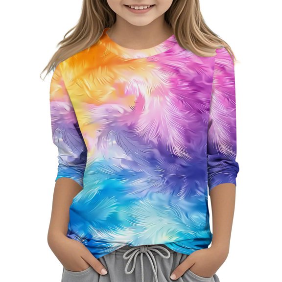 Edvintorg 3-12 Years Girls Tshirts Fashion Printed 3/4 Length Sleeves Crewneck Casual Shirts for Girls Summer Tees Loose Fit Pullover Tunic Blouse