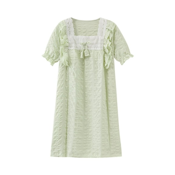 Edvintorg 3-16Years Girls Dresses Summer Solid Color Thin Casual Dress with Ruffle Cotton Home Clothing Short Sleeve Night Dress for Kids Children's Loungewear