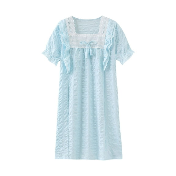 Edvintorg 3-16Years Girls Dresses Summer Solid Color Thin Casual Dress with Ruffle Cotton Home Clothing Short Sleeve Night Dress for Kids Children's Loungewear