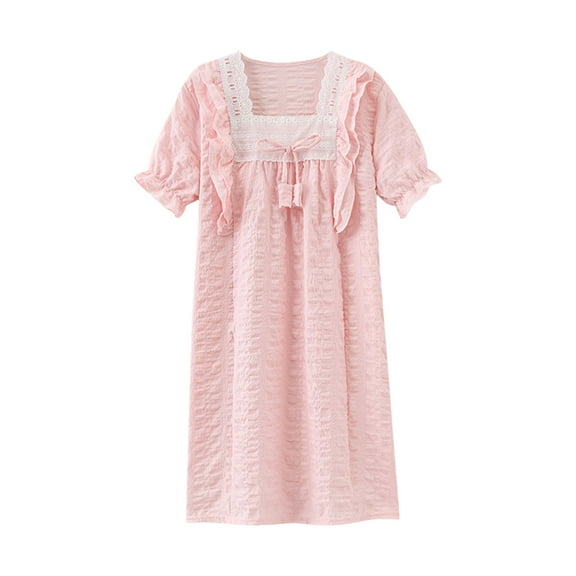 Edvintorg 3-16Years Girls Dresses Summer Solid Color Thin Casual Dress with Ruffle Cotton Home Clothing Short Sleeve Night Dress for Kids Children's Loungewear