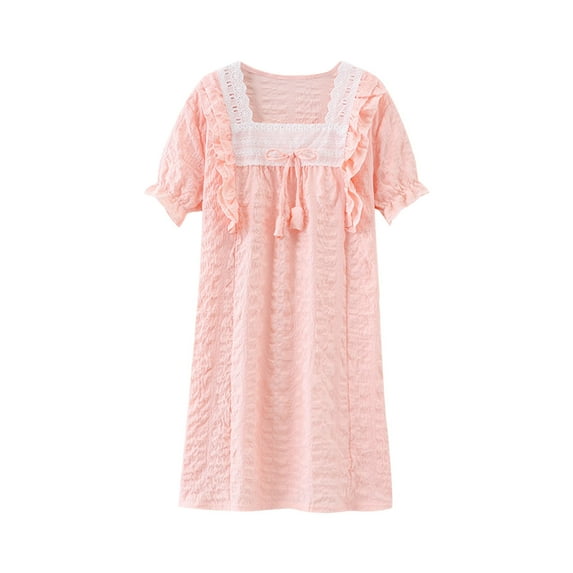 Edvintorg 3-16Years Girls Dresses Summer Solid Color Thin Casual Dress with Ruffle Cotton Home Clothing Short Sleeve Night Dress for Kids Children's Loungewear