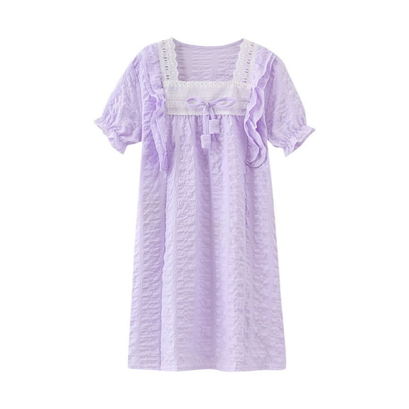 Edvintorg 3-16Years Girls Dresses Summer Solid Color Thin Casual Dress with Ruffle Cotton Home Clothing Short Sleeve Night Dress for Kids Children's Loungewear