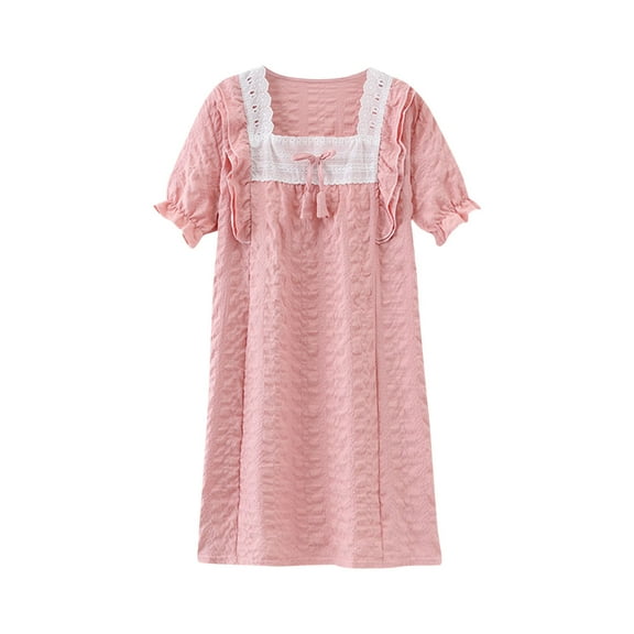 Edvintorg 3-16Years Girls Dresses Summer Solid Color Thin Casual Dress with Ruffle Cotton Home Clothing Short Sleeve Night Dress for Kids Children's Loungewear