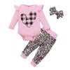 Edvintorg 3-18M Toddler Girl Clothes Cute Valentine's Day Heart Printing Ruffles Long Sleeve Romper Bodysuit + Leopard Pants + Headbands Baby Girls Outfits 3Pcs/Sets