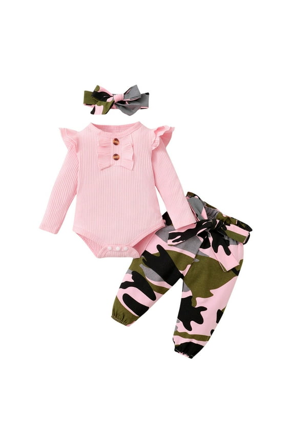 3-24 Months Toddler Girl Fall Clothes Cute Solid Color Fly Sleeve Jumpsuit + Camouflage Pants + Headwear Girls Boutique Outfits Cotton Newborn Girl Outfits