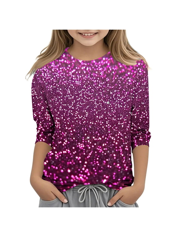 3/4 Sleeve T Shirts for Girls Kids Casual Shiny Printed Shirts Round Neck Loose Fit Pullover Tops Tunic Blouse 3-12 Years
