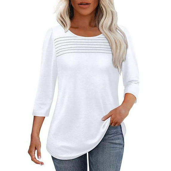 Edvintorg 3/4 Sleeve Tops for Women Blouses Dressy Casual Summer Shirts Crew Neck Pleated Tunic Tops Plus Size Womens Clothing