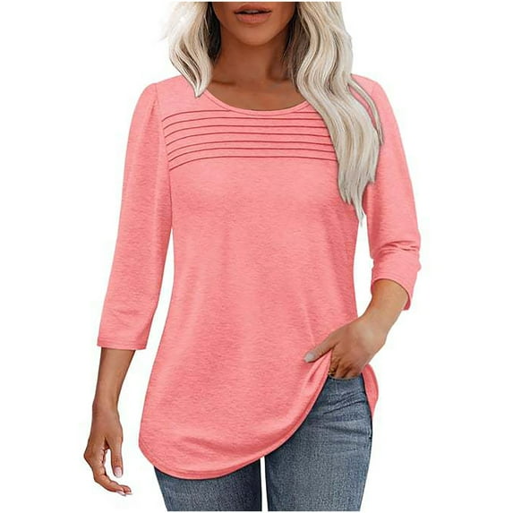 Edvintorg 3/4 Sleeve Tops for Women Blouses Dressy Casual Summer Shirts Crew Neck Pleated Tunic Tops Plus Size Womens Clothing
