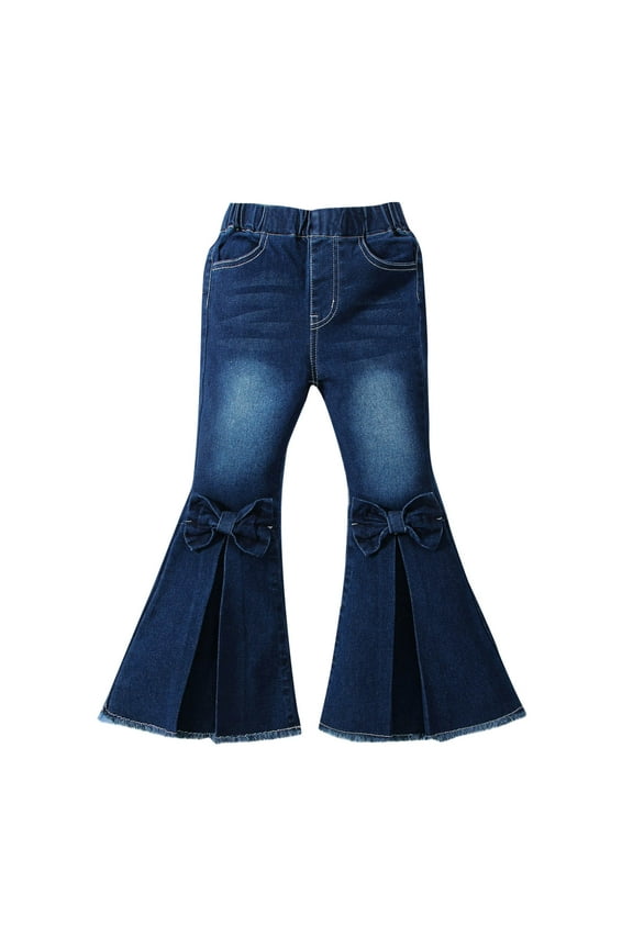 3-7Years Kids Jean Pants Girls Cute Bow Elastic Waisted Long Flared Pants Stretchy Jeans Denim Pants With Pockets Children Costume Girls