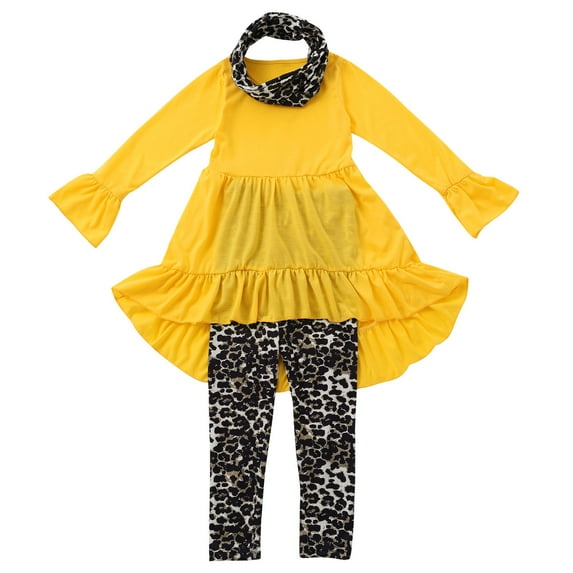Edvintorg 3-8Years Girls Clothing Set Fashion Casual Round Neck Long Sleeve Ruffle Tops Shirt And Leopard Print Long Pants Sets Children Costume Girls