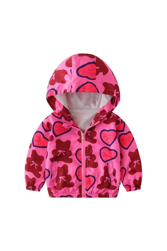 3-8Years Girls Hooded Jacket Cute Cartoon Printed Lightweight Zipper Coat with Pocket Kids Spring Fall Clothes Children Windbreaker Outerwear