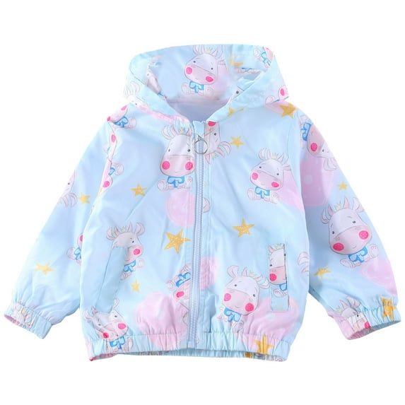 Edvintorg 3-9 Years Jackets for Girls Long Sleeve Lightweight Jacket Outerwear Cute Cartoons Print Windproof Hooded Jacket Coat with Zipper Spring Fall Children Windbreaker