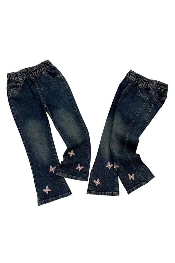 3-9 Years Kids Clothes Girls Cute Flared Jeans for Girls Fashion Sweet Bowknot Elastic Waist Denim Pants Trousers with Pocket Girl Boutique Outfits