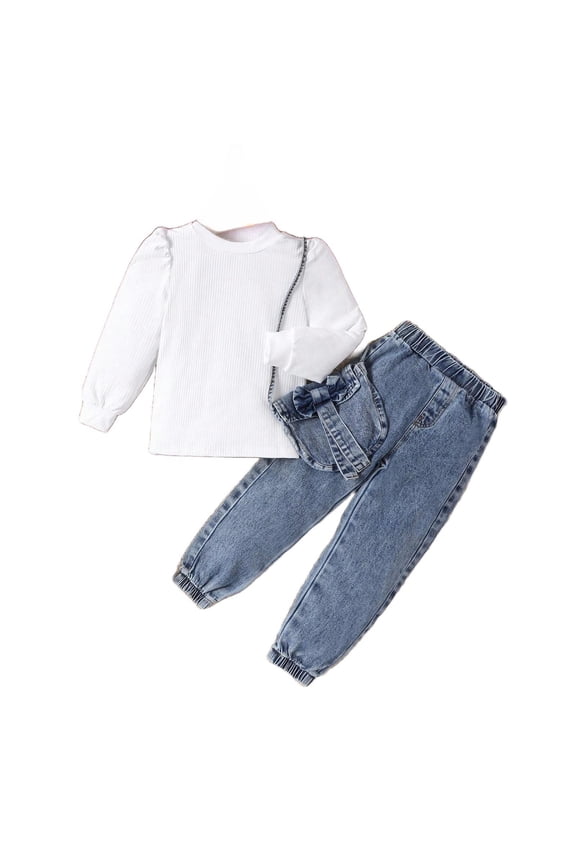 4-8Years Kids Sets Clothing for Girls Cute Ruffle Long Sleeve + Denim Pants + Fashionable Cute Denim Bag Set Girls Boutique Outfits