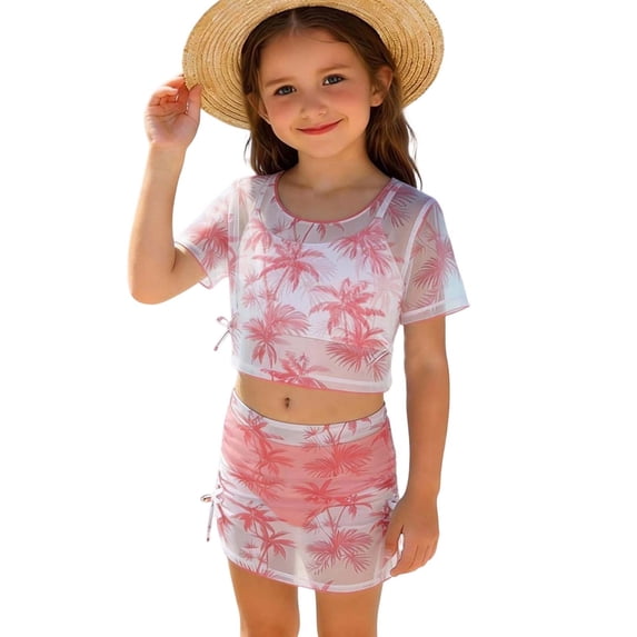Edvintorg 4 Piece Swimwear for Girls Tropical Printed Spaghetti Straps Bathing Suit and Cover Up Skirt Kids Swimsuits Size 8-13