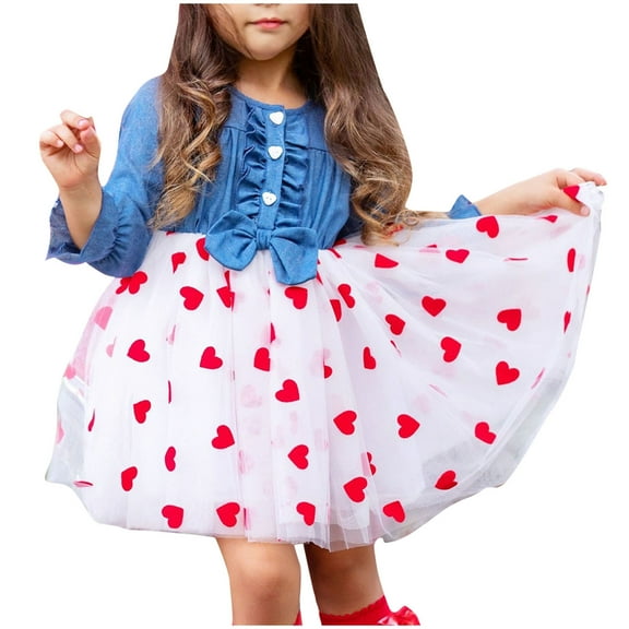 Edvintorg 4Th Of July Dresses for Kids Vacation Fashion New Printed Round-Neck Long Sleeve Ruffled Botton Short Dress Party 2-7Years Princess Dress Vestido