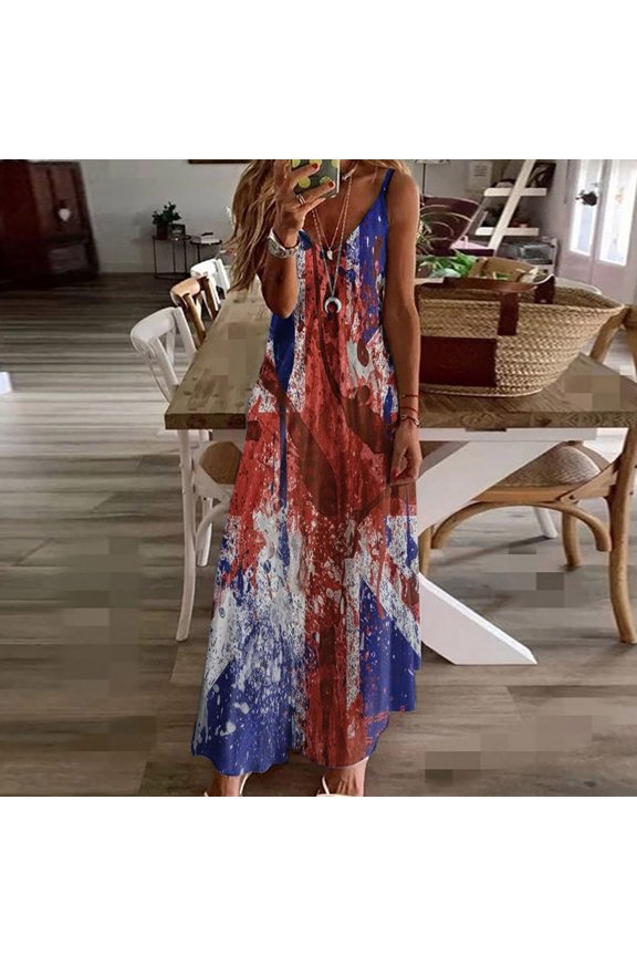4Th Of July Long Dress Summer Independence Day Women Fashion Sling Mid-Waist V-Neck Sleeveless Stripe Printing Slim Beach Long Dress