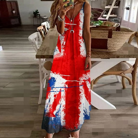 Edvintorg 4Th Of July Long Dress Summer Independence Day Women Fashion Sling Mid-Waist V-Neck Sleeveless Stripe Printing Slim Beach Long Dress