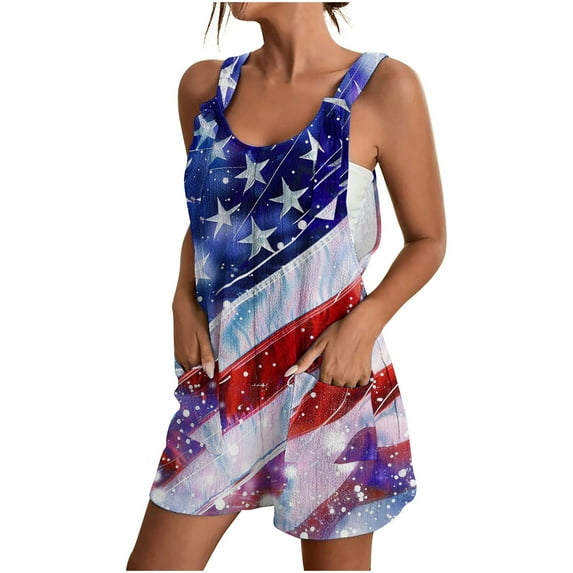 Edvintorg 4Th Of July Summer Romper Casual Tie Knot Overall Shorts Loose Fit Bib Pants Shortalls with Pocket Fashion Print Sleeveless Suspender Short Jumpsuit Women's Clothing