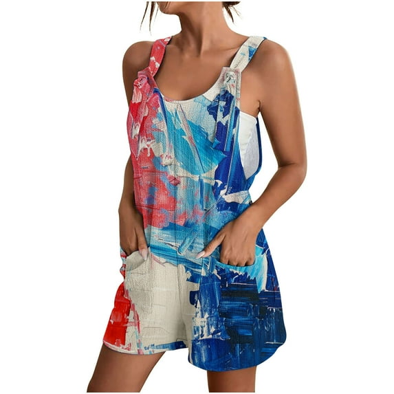 Edvintorg 4Th Of July Women Romper Summer Casual Tie Knot Overall Shorts Loose Fit Bib Pants Shortalls with Pockets Women's Clothing Fashion Print Sleeveless Suspender Short Jumpsuit