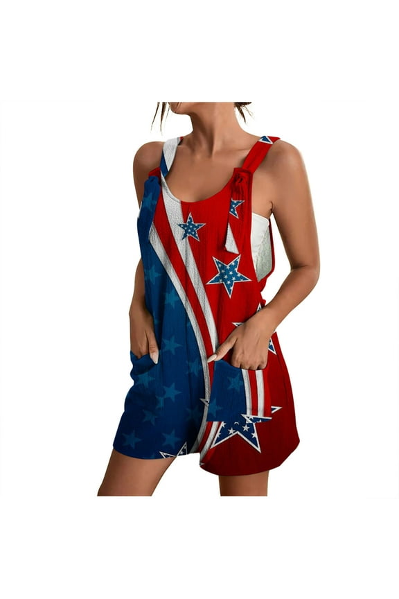 4Th Of July Women's Casual Tie Knot Overall Shorts Loose Fit Bib Pants Summer Shortalls with Pockets Womens Clothing Fashion Print Casual Sleeveless Suspender Short Jumpsuit