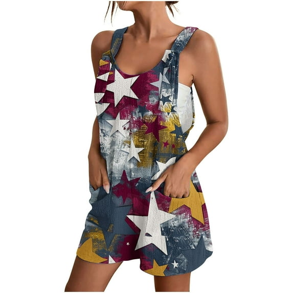 Edvintorg 4Th Of July Womens Romper with Pocket Summer Casual Tie Knot Overall Shorts Loose Fit Bib Pants Shortalls Fashion Print Sleeveless Suspender Short Jumpsuit Women's Clothing