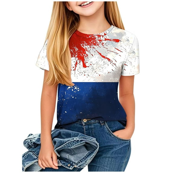 Edvintorg 4Th Of July Kids Shirts Girls Fashion Printed Round Neck T-Shirt Summer Short Sleeve Casual Basic Tee Tops