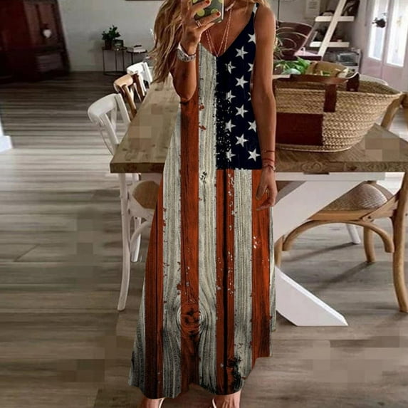 Edvintorg 4Th Of July Maxi Dress Clearance Women's Summer Style Independence Day Printed Holiday Strap V-Neck Dress Vacation Outfits For Women 2023