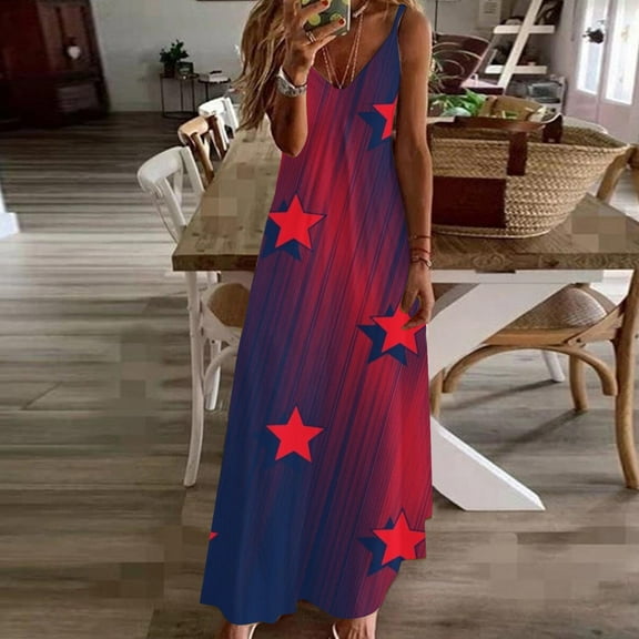 Edvintorg 4Th Of July Maxi Dresses Women's Long Summer Dress Fashion Style Independence Day Printed Holiday Strap V-Neck Casual Beach Dress