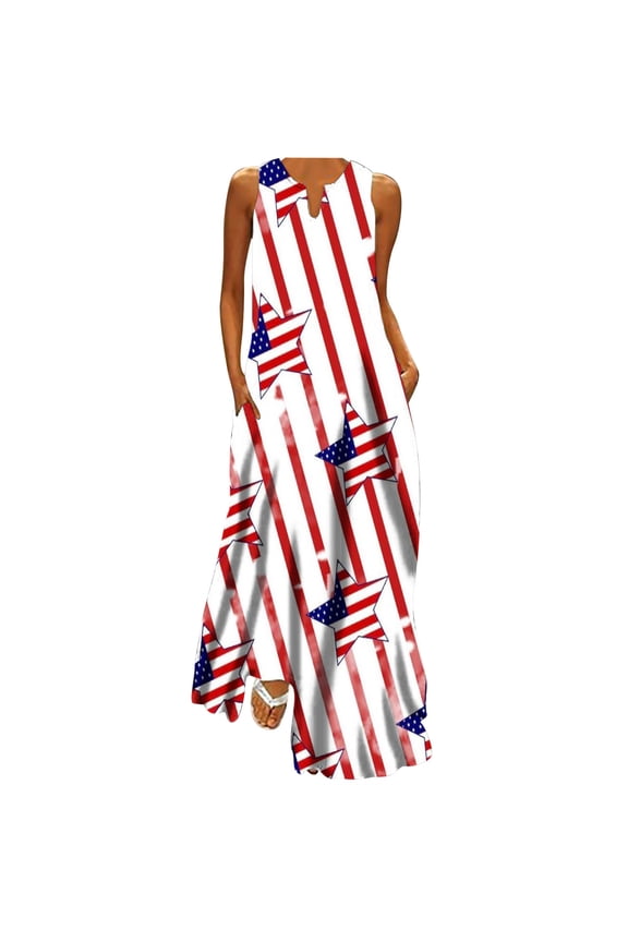 4Th Of July Women's Casual Long Dresses Women Casual Loose Printed Tank Beach Dress V-Neck Pocket Sundress Sleeveless Maxi Dress