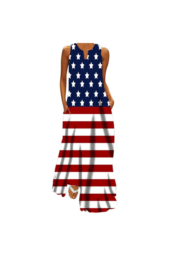 4Th Of July Women's Casual Long Dresses Women Casual Loose Printed Tank Beach Dress V-Neck Pocket Sundress Sleeveless Maxi Dress