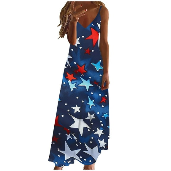 Edvintorg 4Th Of July Women's Summer Dresses Cute Independence Day Printed V-Neck Sleeveless Beach Long Dress Casual Plus Size Maxi Dress