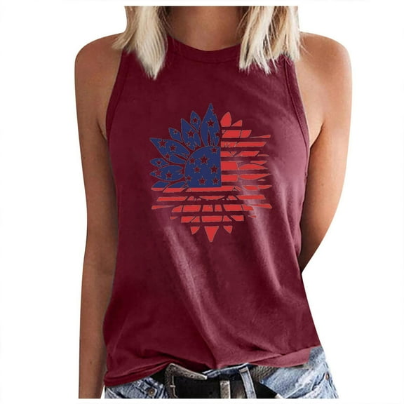 Edvintorg 4Th Of July Womens Tops Summer Sleeveless Casual Tank Tops Regular Round Neck Printing Vest Loose Fit Basic Blouse