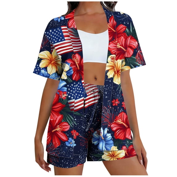 Edvintorg 4Th of July Sets for Women Fashion Clothing Hawaiian Beach Short Sleeve Shirts And Shorts Summer Travel Womens 2 Piece Outfits