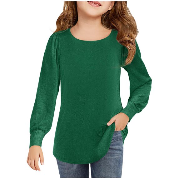 Edvintorg 5-14 Years Girls Shirts Solid Color Casual Loose Long Sleeve Round Neck Pullover Tops Spring Fall Girls' Tops, Tees & Blouses