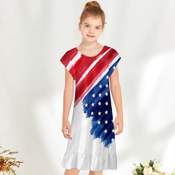 Edvintorg 5-15Years 4Th Of July Girls Party Dress Toddler Kids Baby Girls Independence Day Fashion Cute Short Sleeve Star Print Dress