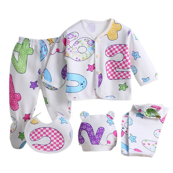 Edvintorg 5PCS cute cartoon printed Pyjamas Set for Newborn clothes Baby Boys Girls Long Sleeve Tops Hat Pants Bib sets Baby Costume