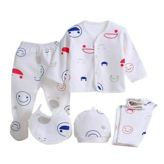 Edvintorg 5PCS cute cartoon printed Pyjamas Set for Newborn clothes Baby Boys Girls Long Sleeve Tops Hat Pants Bib sets Baby Costume